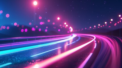 Neon grid, retro digital wave elements and retro 80s neon lines combine in this abstract design, creating a dynamic, glowing effect.