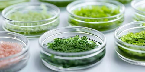 Growing Lab-Cultivated Meat on Algae-Fed Petri Dishes. Concept Lab-Grown Meat, Algae-Fed, Petri Dishes, Sustainable Food, Food Innovation