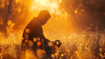 Depressed Man Kneeling and praying in mountain Sunrise 