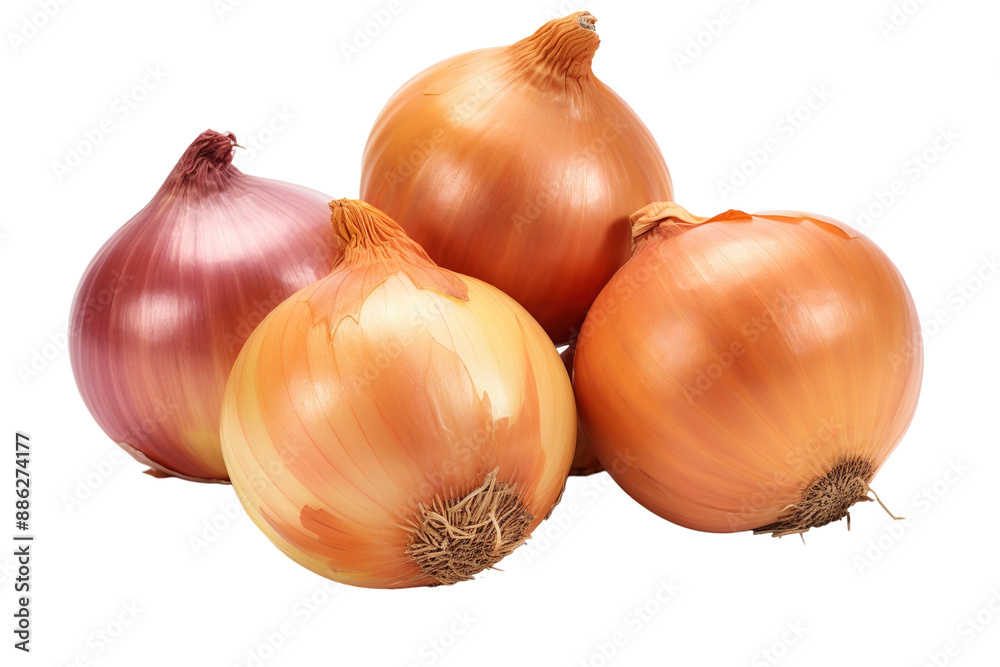 Wall mural a trio of yellow onions and a single red onion rest on a white surface on a white or clear surface p