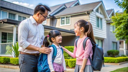 Naklejka premium together in front of house, ,father sent his daughter to school, daughter wearing a backpack ready for school and she is first grade, primary, elementary