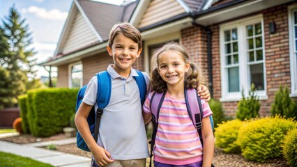together in front of house, two children sibling wearing a backpack ready for school  first grade, primary, elementary, back to school concept
