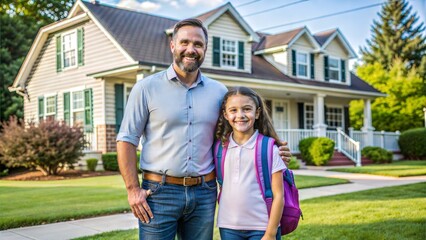 together in front of house, ,father sent his  daughter to school, daughter wearing a backpack ready for school and she is first grade, primary, elementary