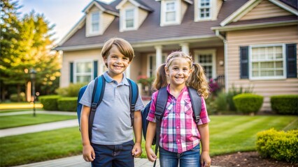 together in front of house, two children sibling wearing a backpack ready for school  first grade, primary, elementary, back to school concept
