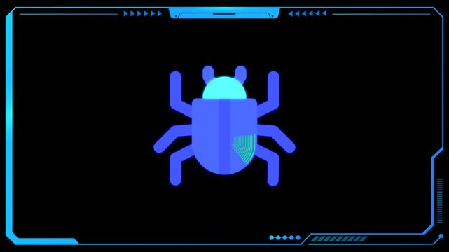 Bug, beetle. Find errors, software testing. Beetle appears in the center of the screen. Computer virus. Blue beetle on white background