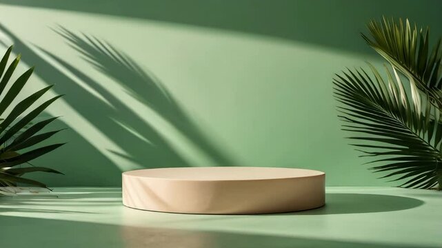 Empty stage cylinder podium on soft pastel green background with soft light on minimal background, sun light shadows in form of palm leaf, pedestal for cosmetic product and packaging