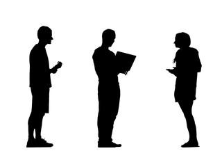 Vector silhouettes of men and a women, a group of standing business people, profile, black color isolated on white background