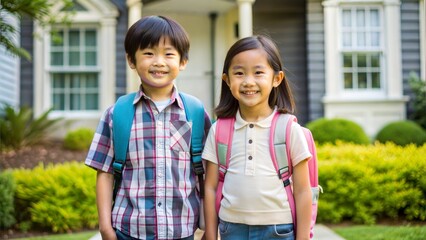 together in front of house, two children sibling wearing a backpack ready for school  first grade, primary, elementary, back to school concept
