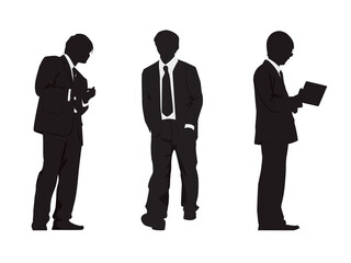 Vector silhouettes of men and a women, a group of standing business people, profile, black color isolated on white background