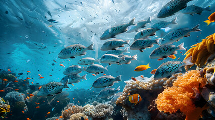 Fototapeta premium A school of hawkfish in front of a speck in the ocean Below is a beautiful coral reef. The water was blue and the sun was shining on it. Group of hawkfish in front of the spot