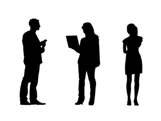 Vector silhouettes of men and a women, a group of standing business people, profile, black color isolated on white background