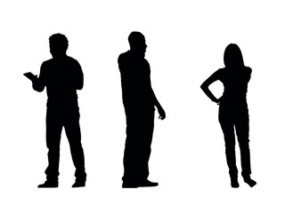 Vector silhouettes of men and a women, a group of standing business people, profile, black color isolated on white background