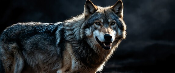 a fierce wolf on plain black background for banner with copy space