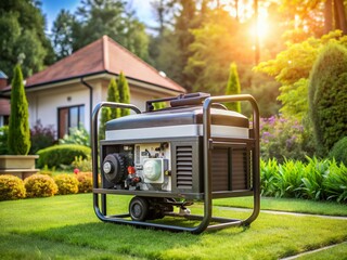 Modern gasoline generator situated outdoors, surrounded by lush greenery, efficiently providing reliable backup power to a home during outages and emergencies.