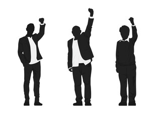 Vector silhouettes of men and a women, a group of standing business people, profile, black color isolated on white background