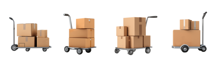 Stack of cardboard delivery boxes on parcel cart neatly arranged isolated on transparent background