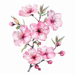 Watercolor illustration of pink cherry blossoms isolated on a transparent background.