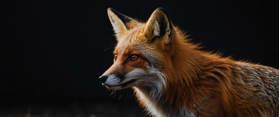 Obraz premium a red fox on plain black background for banner with copy space