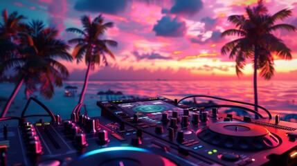 A DJ mixer sits on a beach at sunset, with palm trees in the background.