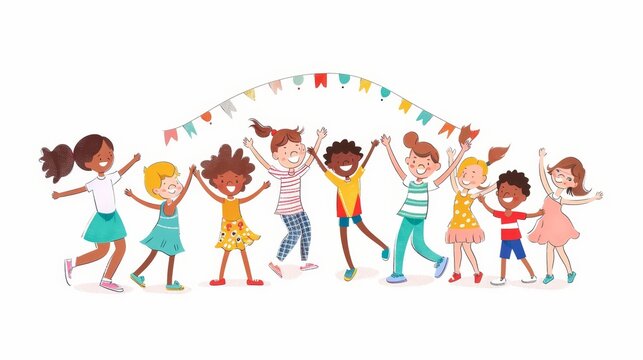 Children of different skin colors and ethnicities smiling, playing and dancing together in a joyful circle, round dance or farandole.