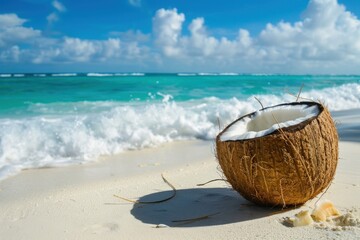 Coconut is lying on the white sand of a tropical beach, with turquoise ocean and waves in the background