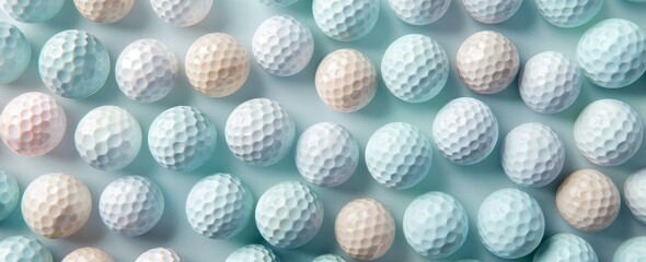 Pile of golf balls pastel patterned sports equipment background.