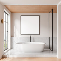 A white bathtub in a minimalist bathroom interior with a wooden ceiling, large window, and frame. Light setting. Concept of contemporary living. 3D rendering