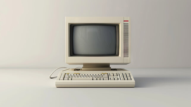 vintage desktop computer set against a white background. The computer has a large monitor, a traditional keyboard, and is representative of early personal computing devices