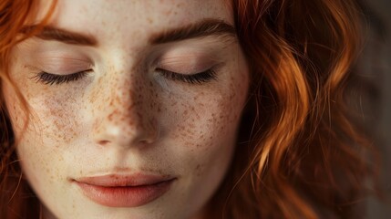 Fototapeta premium In the studio, a woman with makeup on in a studio with hair and lashes extensions. Closeup of the natural ginger and a woman with freckles with a model thinking and mascara on in the studio.