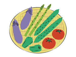 ザルに入った夏野菜のイラスト｜ベクター