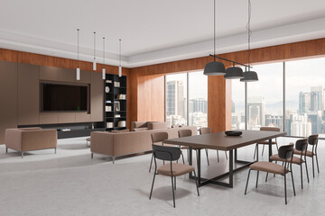 A modern office lounge featuring cozy seating, stylish furniture, and large windows with city views. Bright, contemporary interior concept. 3D rendering.
