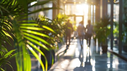 Obraz premium Create a scene of harmony in an office hallway where blurred business people walk amidst green trees and sunlight