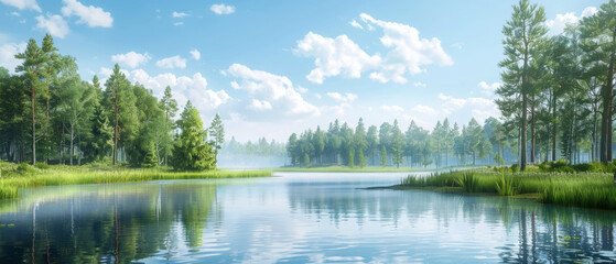 Fototapeta premium Serene lake surrounded by untouched forests in a picturesque setting.