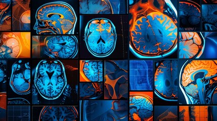 An advanced medical imaging system in neon blue displaying a series of brain MRI scans for neurological research and diagnostics