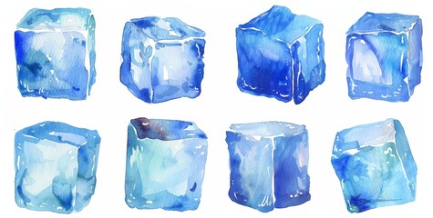 Fototapeta premium , Watercolor clipart illustration with isolated background of ice cubes.