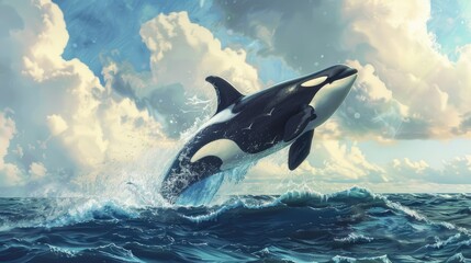 Fototapeta premium Leaping Orca Against a Cloudy Sky