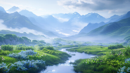Naklejka premium Immerse yourself in a mystical world of glowing flora and sparkling streams in this enchanting mountain range.