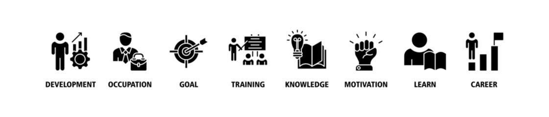 New skills banner web icon set vector symbol illustration concept with icon of development, occupation, goal, training, knowledge, motivation, learn and career