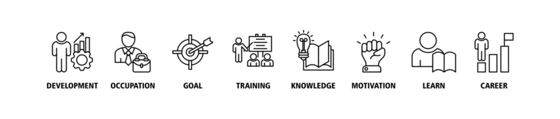 New skills banner web icon set vector symbol illustration concept with icon of development, occupation, goal, training, knowledge, motivation, learn and career