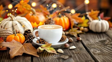 A Cozy Autumn Morning With Pumpkin Spice Latte:A Steaming Cup of Latte Sits on a Rustic Wooden Table, Surrounded by Autumnal Decor