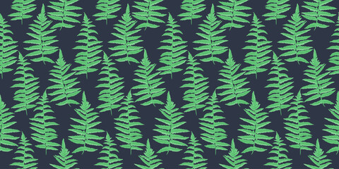 Abstract artistic branches leaves fern pattern on black background. Stylized green shapes leaf seamless print. Vector hand drawing. Simple ornament for designs textile,