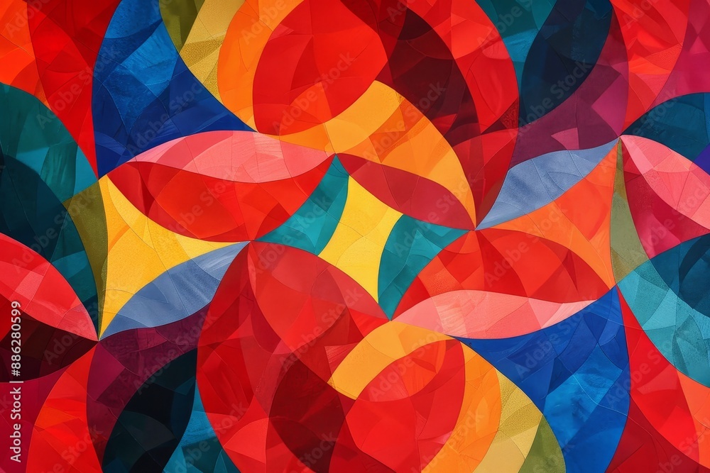 Poster a painting featuring a multitude of colorful circles arranged in an abstract pattern against a red b