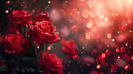 Romantic Red Roses with Glitter and Bokeh Lights