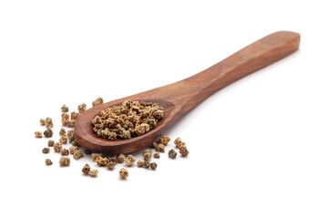 Front view of a wooden spoon filled with dry Organic Spinach (Spinacia oleracea) seeds. Isolated on a white background.