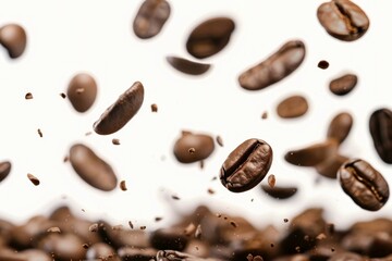 Roasted coffee beans falling down on a white background