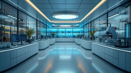 A state-of-the-art laboratory with sleek blue lighting and advanced equipment, symbolizing cutting-edge scientific research.