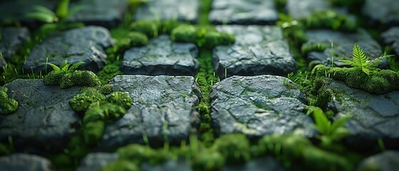 32k resolution close-up of moss growing between cobblestones.