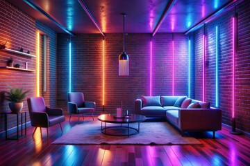 interior design modern loft living room with purple sofa and fireplace