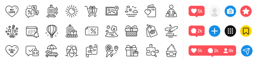 Map, Flight sale and My love line icons pack. Social media icons. Air balloon, Discounts chat, Ice cream web icon. Search puzzle, Discount banner, Call me pictogram. Vector