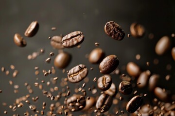 Roasted coffee beans suspended in mid air, creating a dynamic and aromatic scene